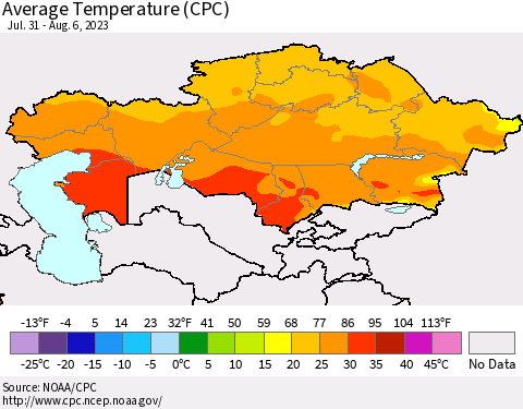 Kazakhstan Average Temperature (CPC) Thematic Map For 7/31/2023 - 8/6/2023