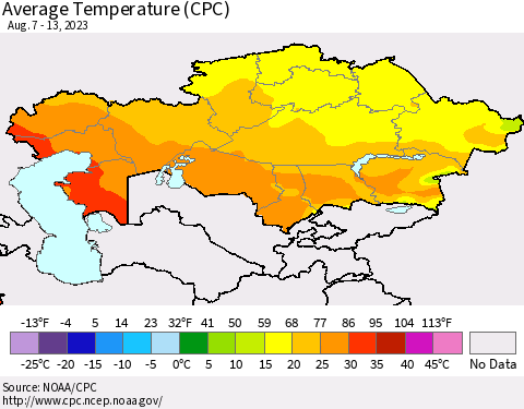 Kazakhstan Average Temperature (CPC) Thematic Map For 8/7/2023 - 8/13/2023