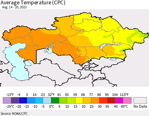 Kazakhstan Average Temperature (CPC) Thematic Map For 8/14/2023 - 8/20/2023