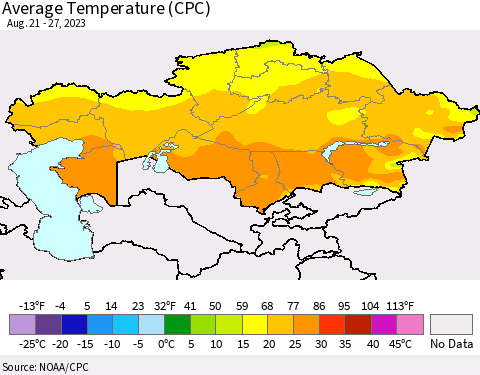Kazakhstan Average Temperature (CPC) Thematic Map For 8/21/2023 - 8/27/2023