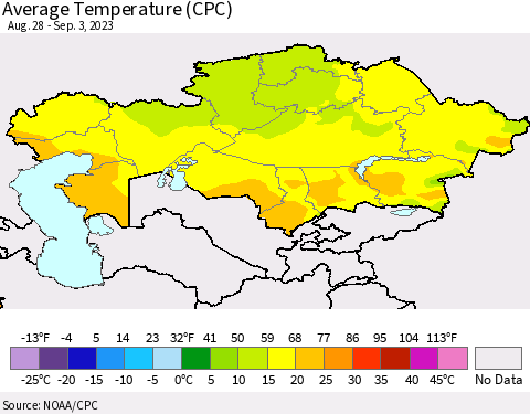 Kazakhstan Average Temperature (CPC) Thematic Map For 8/28/2023 - 9/3/2023