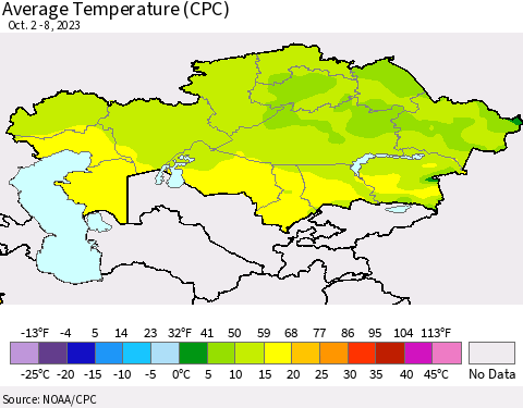 Kazakhstan Average Temperature (CPC) Thematic Map For 10/2/2023 - 10/8/2023