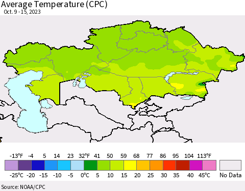 Kazakhstan Average Temperature (CPC) Thematic Map For 10/9/2023 - 10/15/2023