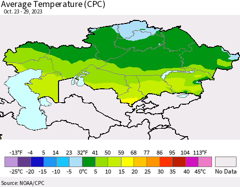 Kazakhstan Average Temperature (CPC) Thematic Map For 10/23/2023 - 10/29/2023