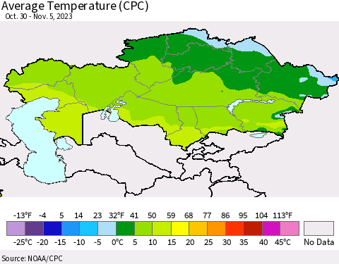 Kazakhstan Average Temperature (CPC) Thematic Map For 10/30/2023 - 11/5/2023