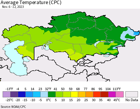 Kazakhstan Average Temperature (CPC) Thematic Map For 11/6/2023 - 11/12/2023