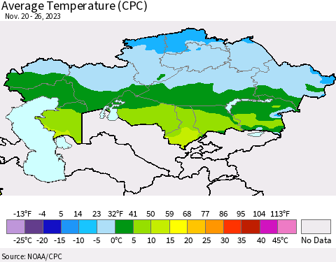 Kazakhstan Average Temperature (CPC) Thematic Map For 11/20/2023 - 11/26/2023