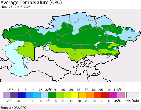 Kazakhstan Average Temperature (CPC) Thematic Map For 11/27/2023 - 12/3/2023