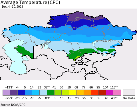 Kazakhstan Average Temperature (CPC) Thematic Map For 12/4/2023 - 12/10/2023