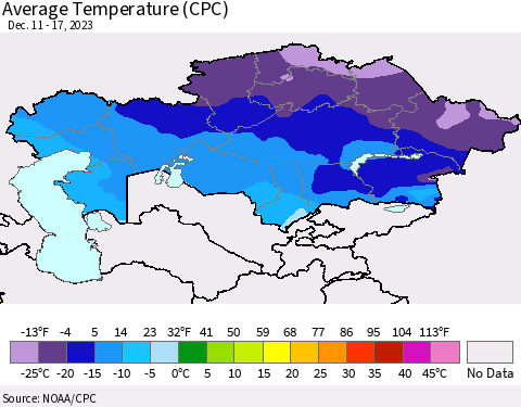Kazakhstan Average Temperature (CPC) Thematic Map For 12/11/2023 - 12/17/2023