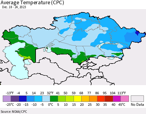 Kazakhstan Average Temperature (CPC) Thematic Map For 12/18/2023 - 12/24/2023