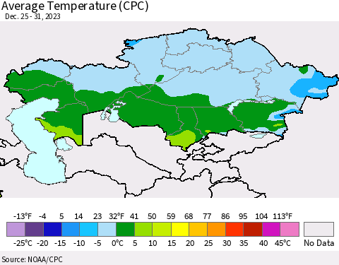 Kazakhstan Average Temperature (CPC) Thematic Map For 12/25/2023 - 12/31/2023
