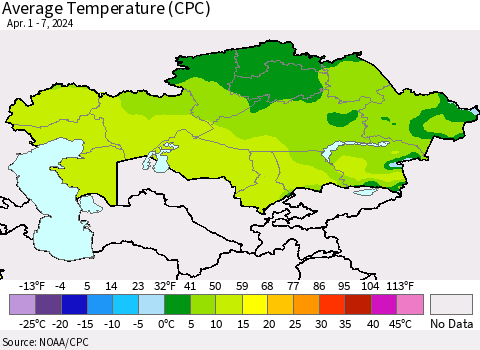 Kazakhstan Average Temperature (CPC) Thematic Map For 4/1/2024 - 4/7/2024