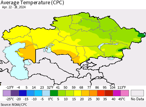 Kazakhstan Average Temperature (CPC) Thematic Map For 4/22/2024 - 4/28/2024