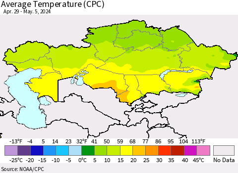 Kazakhstan Average Temperature (CPC) Thematic Map For 4/29/2024 - 5/5/2024
