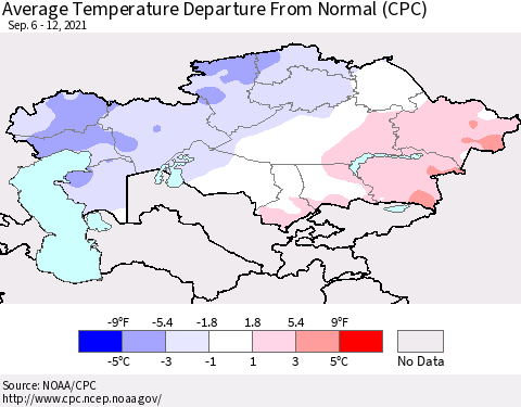 Kazakhstan Average Temperature Departure from Normal (CPC) Thematic Map For 9/6/2021 - 9/12/2021