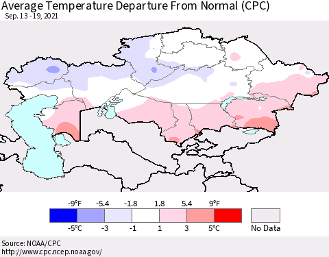 Kazakhstan Average Temperature Departure from Normal (CPC) Thematic Map For 9/13/2021 - 9/19/2021