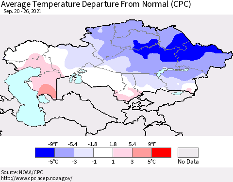 Kazakhstan Average Temperature Departure from Normal (CPC) Thematic Map For 9/20/2021 - 9/26/2021