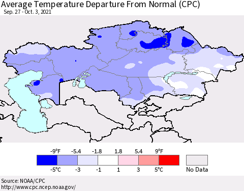 Kazakhstan Average Temperature Departure from Normal (CPC) Thematic Map For 9/27/2021 - 10/3/2021