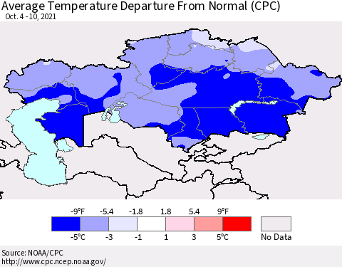 Kazakhstan Average Temperature Departure from Normal (CPC) Thematic Map For 10/4/2021 - 10/10/2021