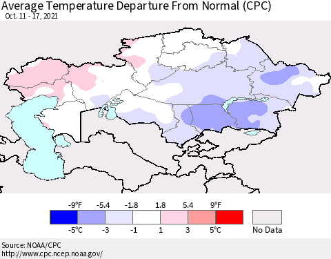 Kazakhstan Average Temperature Departure from Normal (CPC) Thematic Map For 10/11/2021 - 10/17/2021