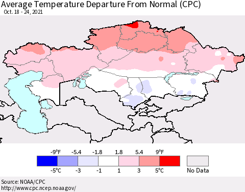 Kazakhstan Average Temperature Departure from Normal (CPC) Thematic Map For 10/18/2021 - 10/24/2021
