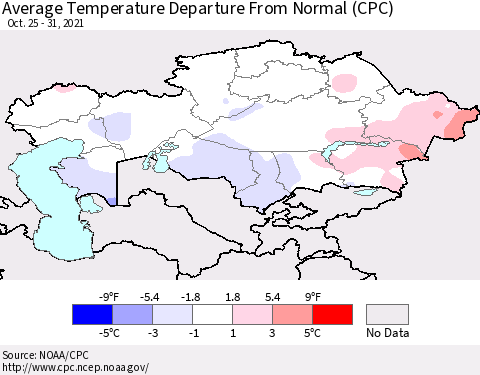 Kazakhstan Average Temperature Departure from Normal (CPC) Thematic Map For 10/25/2021 - 10/31/2021