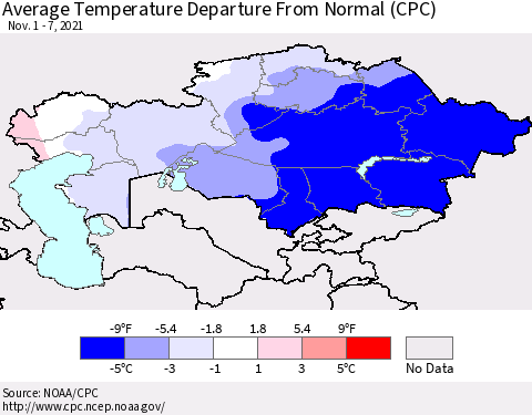 Kazakhstan Average Temperature Departure from Normal (CPC) Thematic Map For 11/1/2021 - 11/7/2021