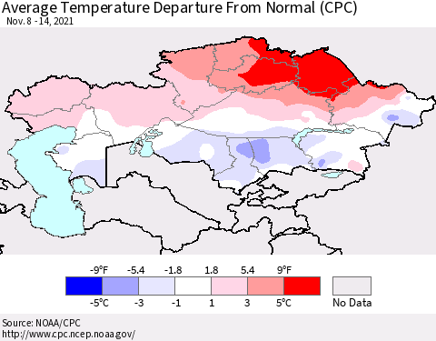 Kazakhstan Average Temperature Departure from Normal (CPC) Thematic Map For 11/8/2021 - 11/14/2021