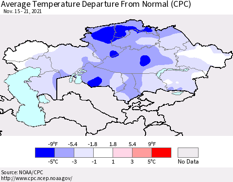 Kazakhstan Average Temperature Departure from Normal (CPC) Thematic Map For 11/15/2021 - 11/21/2021