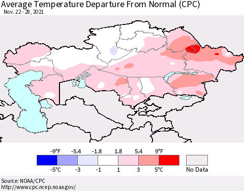 Kazakhstan Average Temperature Departure from Normal (CPC) Thematic Map For 11/22/2021 - 11/28/2021