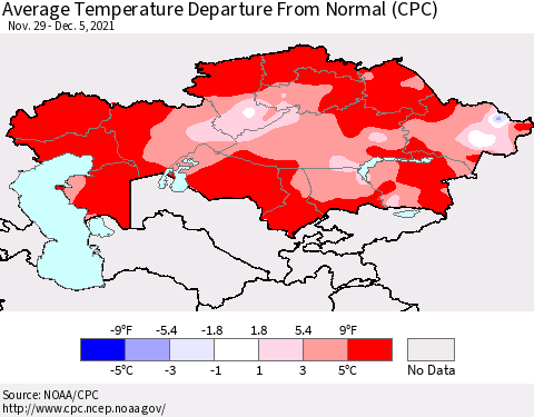 Kazakhstan Average Temperature Departure from Normal (CPC) Thematic Map For 11/29/2021 - 12/5/2021