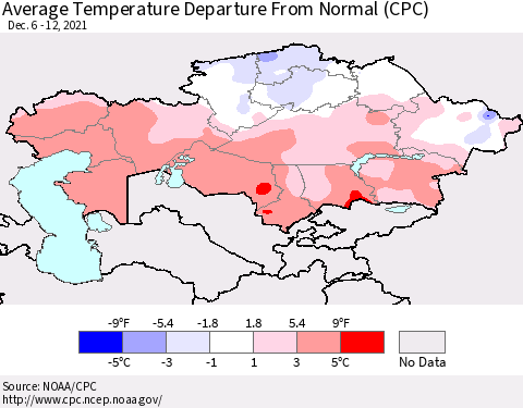Kazakhstan Average Temperature Departure from Normal (CPC) Thematic Map For 12/6/2021 - 12/12/2021