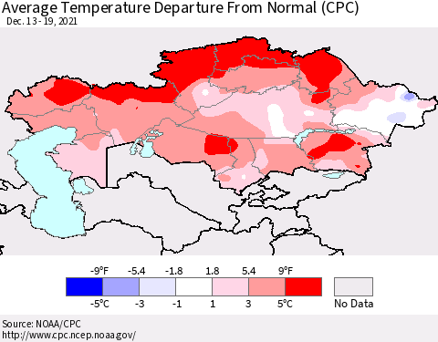 Kazakhstan Average Temperature Departure from Normal (CPC) Thematic Map For 12/13/2021 - 12/19/2021