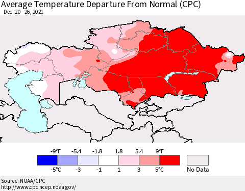 Kazakhstan Average Temperature Departure from Normal (CPC) Thematic Map For 12/20/2021 - 12/26/2021