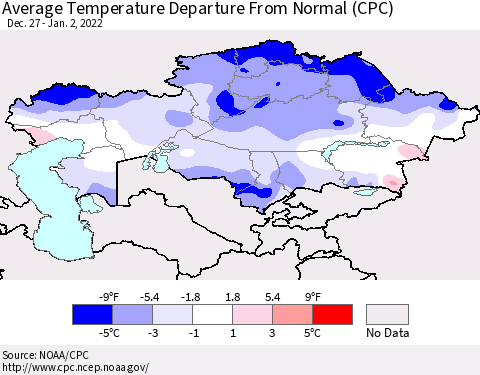 Kazakhstan Average Temperature Departure from Normal (CPC) Thematic Map For 12/27/2021 - 1/2/2022