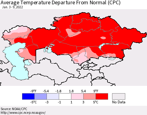 Kazakhstan Average Temperature Departure from Normal (CPC) Thematic Map For 1/3/2022 - 1/9/2022