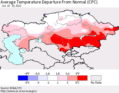 Kazakhstan Average Temperature Departure from Normal (CPC) Thematic Map For 1/10/2022 - 1/16/2022