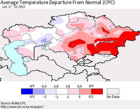 Kazakhstan Average Temperature Departure from Normal (CPC) Thematic Map For 1/17/2022 - 1/23/2022