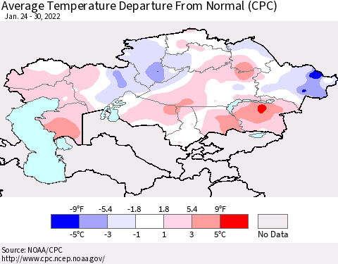 Kazakhstan Average Temperature Departure from Normal (CPC) Thematic Map For 1/24/2022 - 1/30/2022