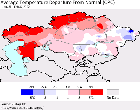 Kazakhstan Average Temperature Departure from Normal (CPC) Thematic Map For 1/31/2022 - 2/6/2022
