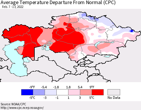Kazakhstan Average Temperature Departure from Normal (CPC) Thematic Map For 2/7/2022 - 2/13/2022