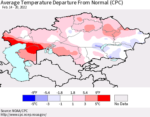 Kazakhstan Average Temperature Departure from Normal (CPC) Thematic Map For 2/14/2022 - 2/20/2022