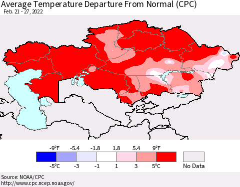 Kazakhstan Average Temperature Departure from Normal (CPC) Thematic Map For 2/21/2022 - 2/27/2022