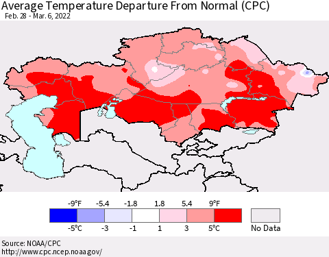 Kazakhstan Average Temperature Departure from Normal (CPC) Thematic Map For 2/28/2022 - 3/6/2022