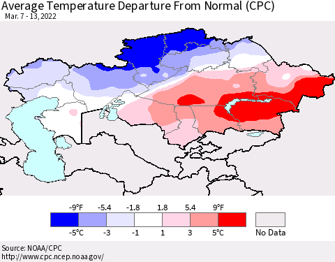 Kazakhstan Average Temperature Departure from Normal (CPC) Thematic Map For 3/7/2022 - 3/13/2022