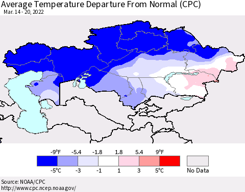 Kazakhstan Average Temperature Departure from Normal (CPC) Thematic Map For 3/14/2022 - 3/20/2022