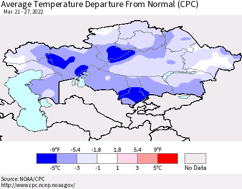 Kazakhstan Average Temperature Departure from Normal (CPC) Thematic Map For 3/21/2022 - 3/27/2022