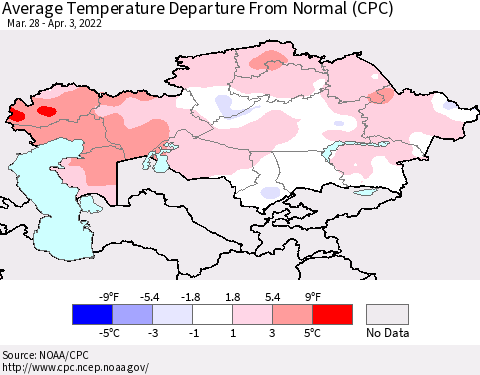 Kazakhstan Average Temperature Departure from Normal (CPC) Thematic Map For 3/28/2022 - 4/3/2022