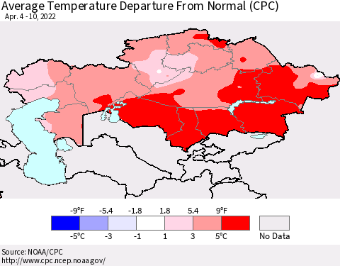Kazakhstan Average Temperature Departure from Normal (CPC) Thematic Map For 4/4/2022 - 4/10/2022